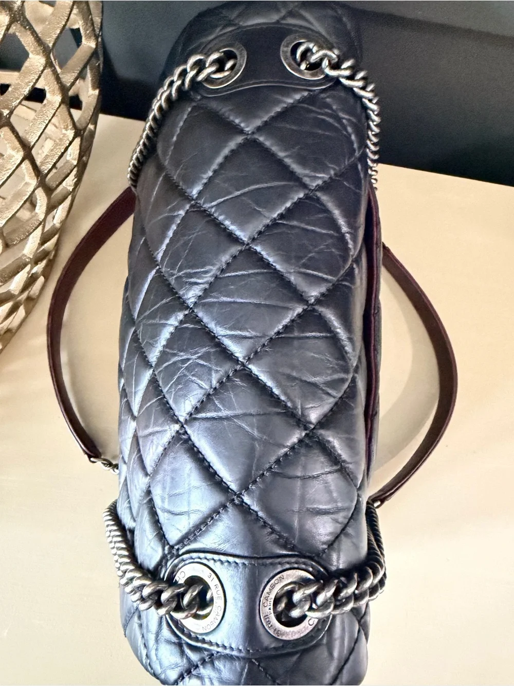 Chanel Shoulder Flap Bag Black Quilted Lambskin w/burgundy | Ruthenium Hardware
